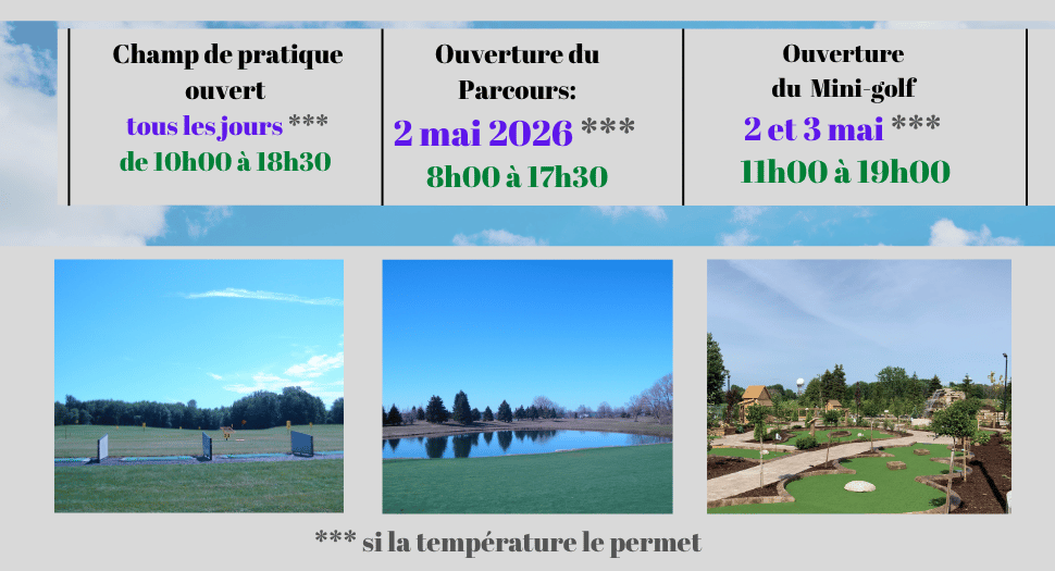 Banner with three panels showing opening info (practice range daily; parcours starting 2 May 2026; mini-golf 2–3 May), weather permitting; three course photos beneath.