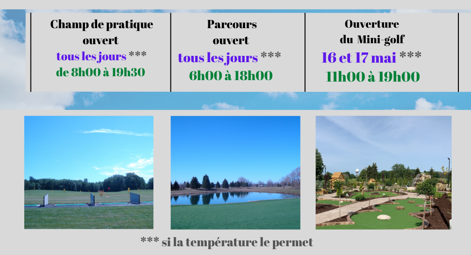 Three-column schedule banner: practice field 8:00–19:30, courses 6:00–18:00, mini-golf 11:00–19:00 on 16–17 May; weather permitting.