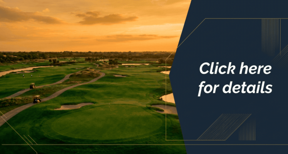 Banner image: a golf course on the left with a dark blue call-to-action panel on the right that reads 'Click here for details'.